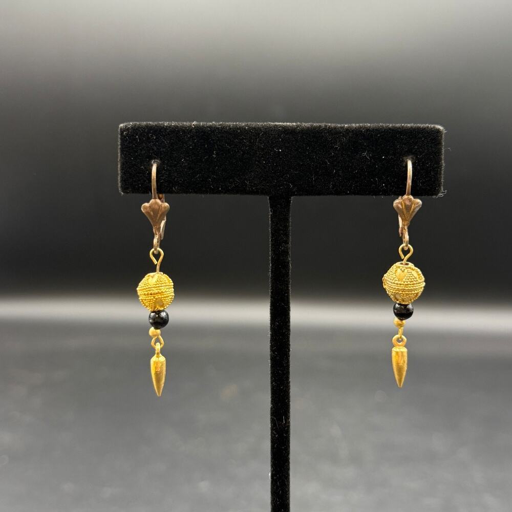 Vintage Granulated Ball and Black Stone Drop Tribal Earrings Gold Tone